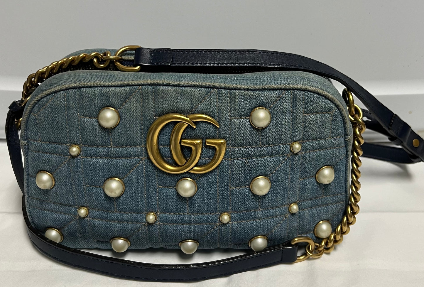 GUCCI Marmont Denim Matelasse Pearls