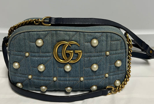 GUCCI Marmont Denim Matelasse Pearls